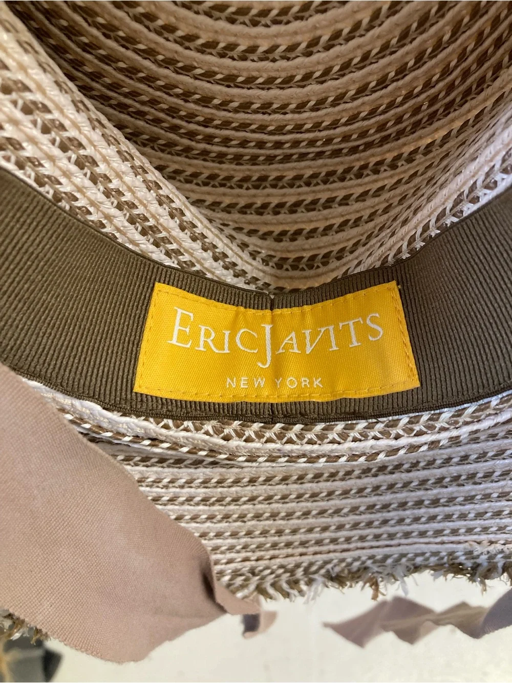 Eric Javits Cream Straw Sun Hat with Taupe Ribbon - Picture 3 of 3